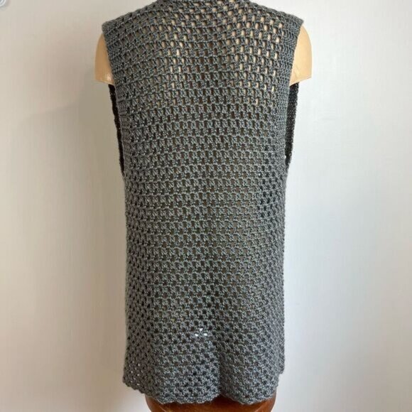 Vintage Crochet Hand Made Knit Sleeveless Vest Grey One size Kitsch Long Duster - Picture 6 of 12